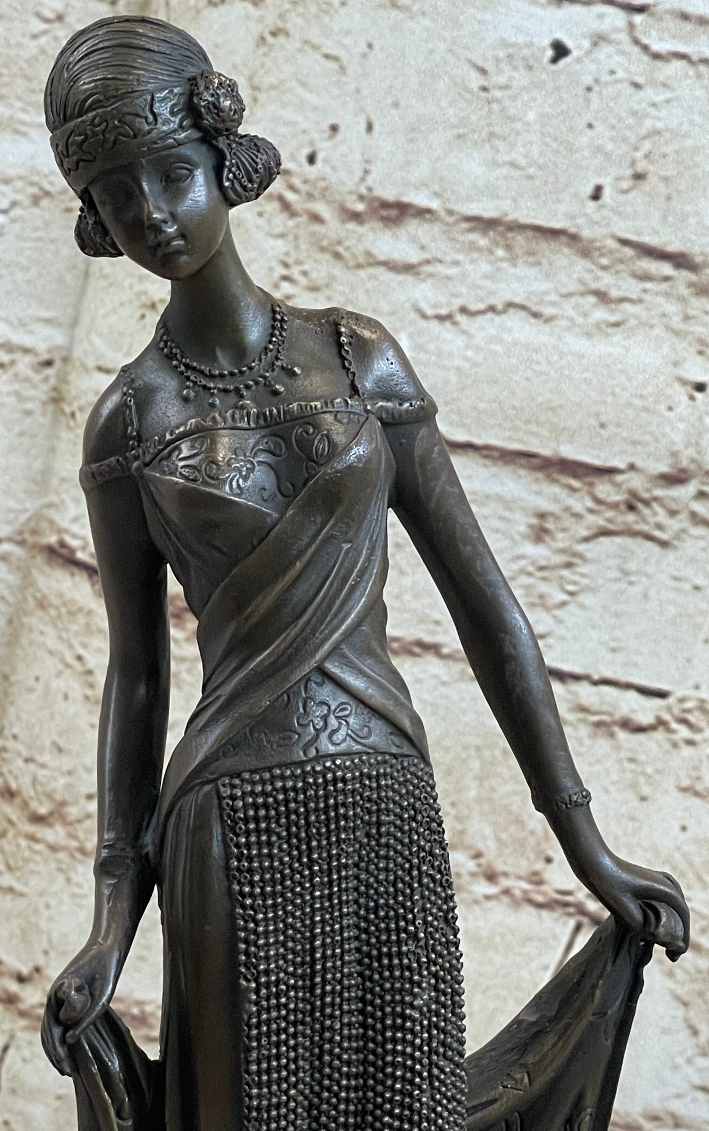 High Society Lady Poised Elegant Bronze Sculpture Marble Base