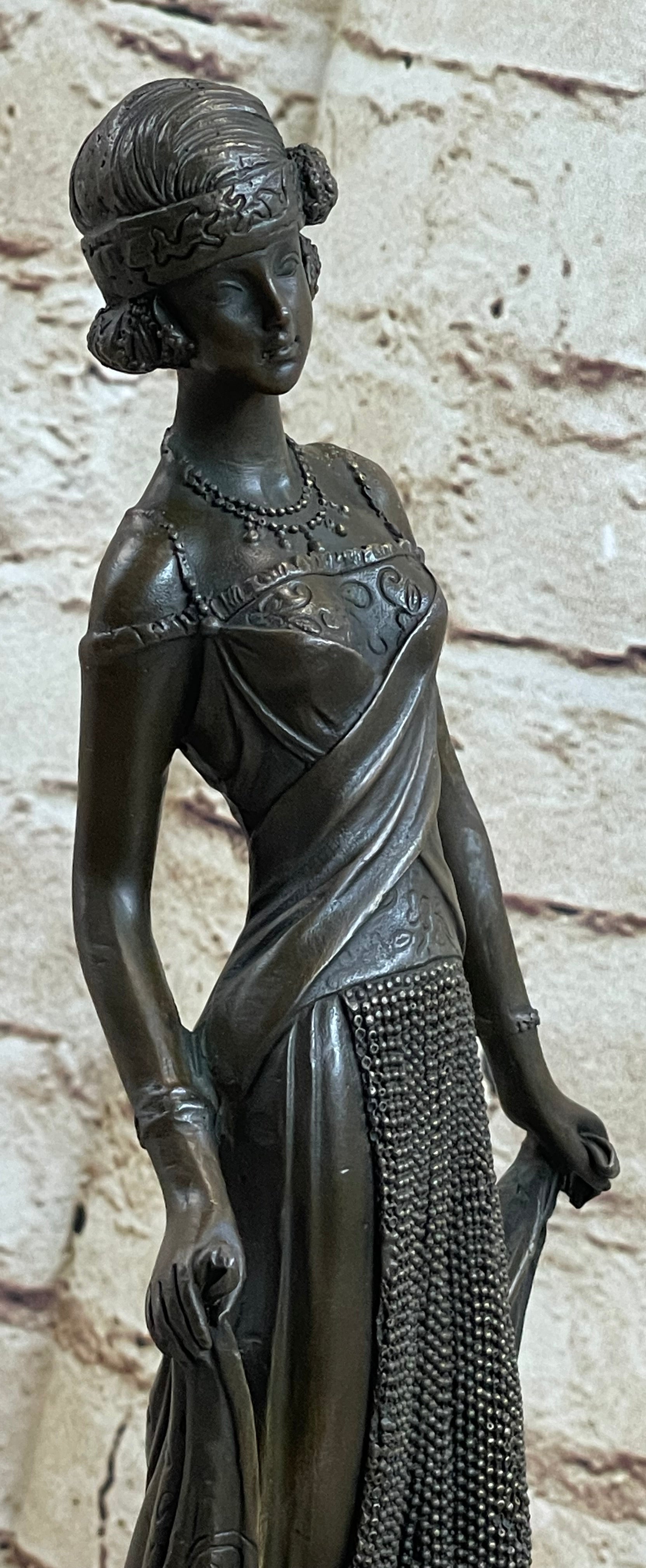 High Society Lady Poised Elegant Bronze Sculpture Marble Base