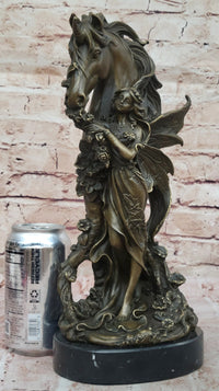 Winged Fairy with Unicorn Horse Sculpture Signed Patoue