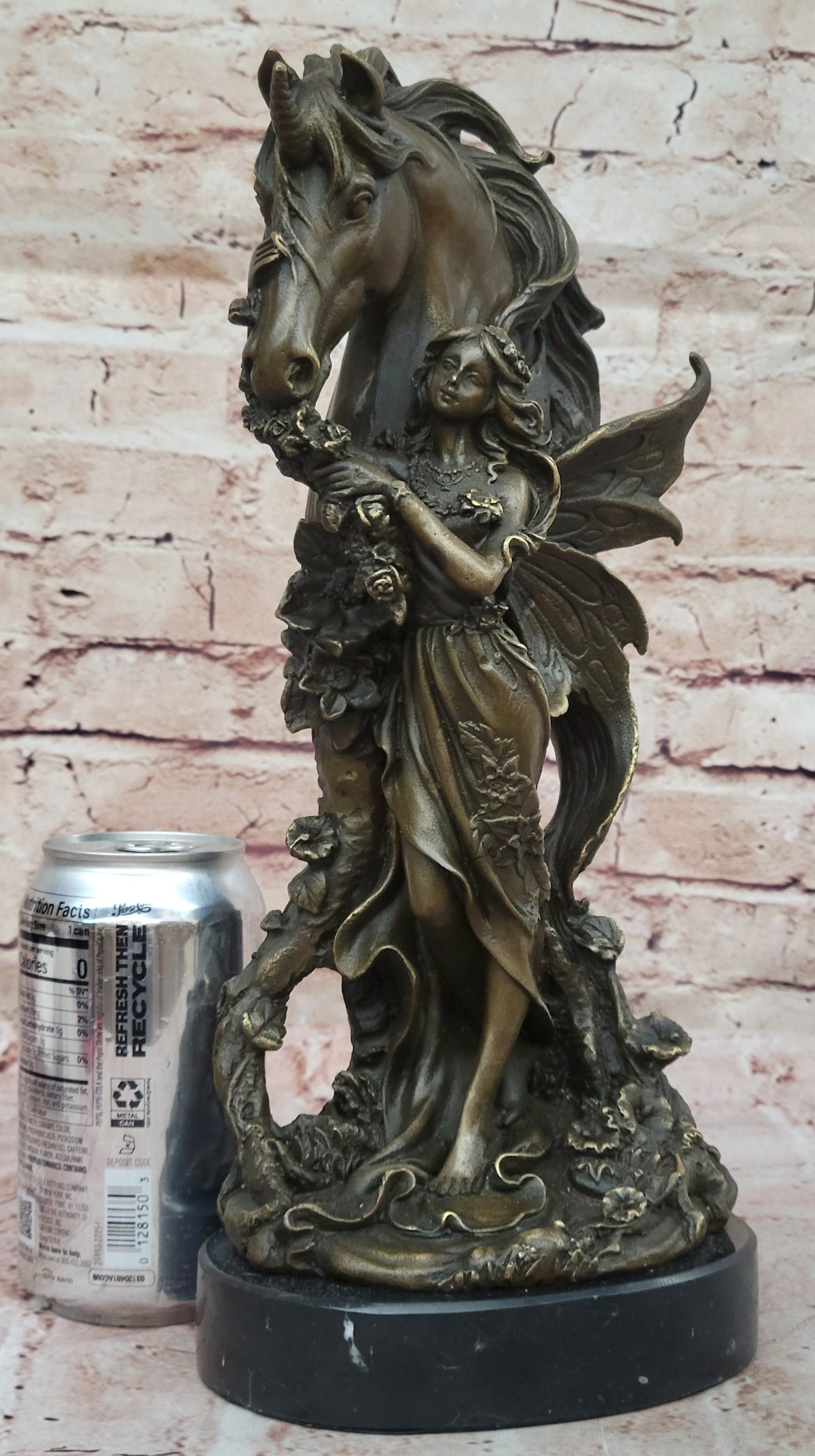 Winged Fairy with Unicorn Horse Sculpture Signed Patoue