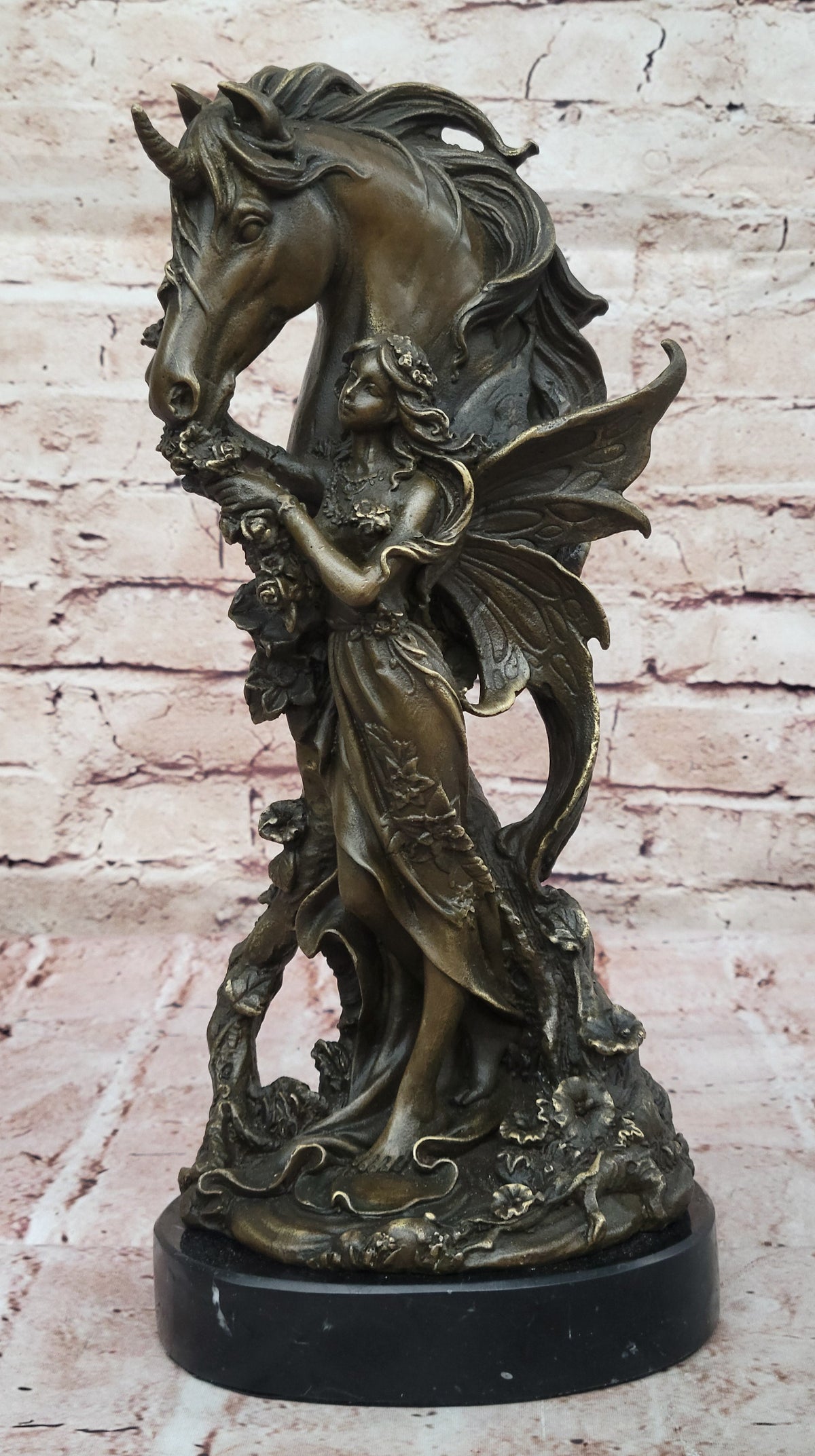 Winged Fairy with Unicorn Horse Sculpture Signed Patoue