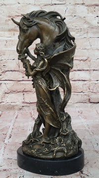 Winged Fairy with Unicorn Horse Sculpture Signed Patoue