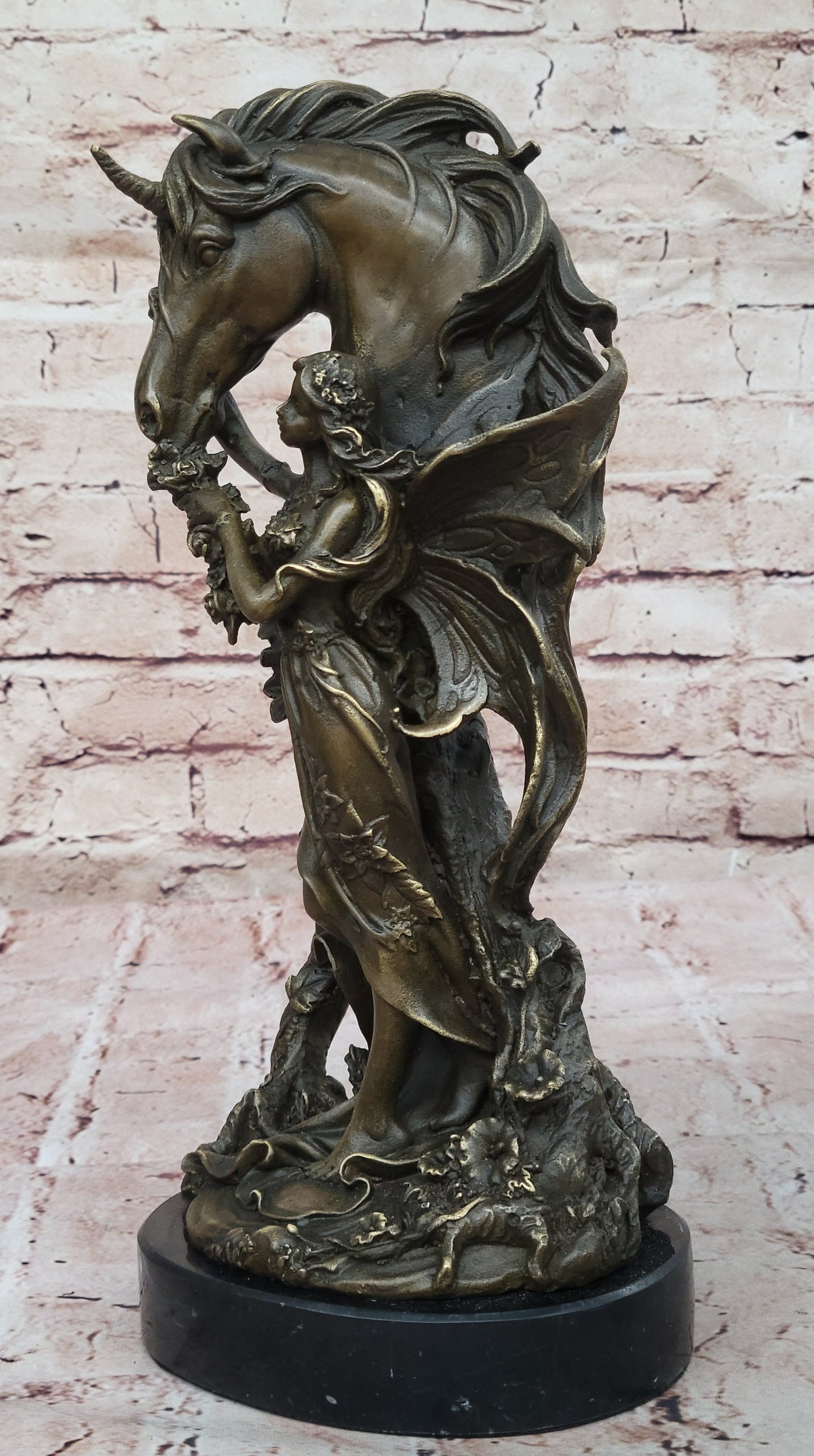 Winged Fairy with Unicorn Horse Sculpture Signed Patoue