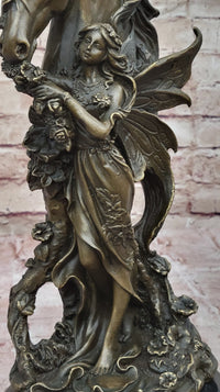 Winged Fairy with Unicorn Horse Sculpture Signed Patoue