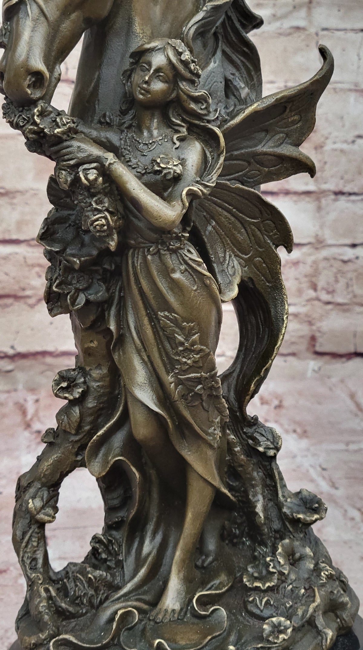 Winged Fairy with Unicorn Horse Sculpture Signed Patoue