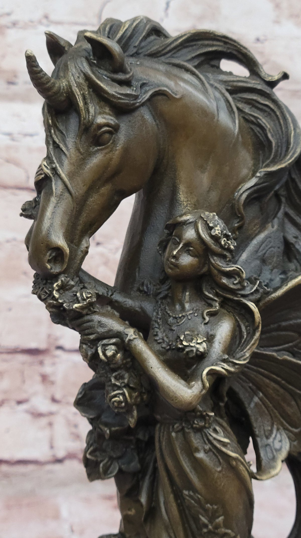 Winged Fairy with Unicorn Horse Sculpture Signed Patoue