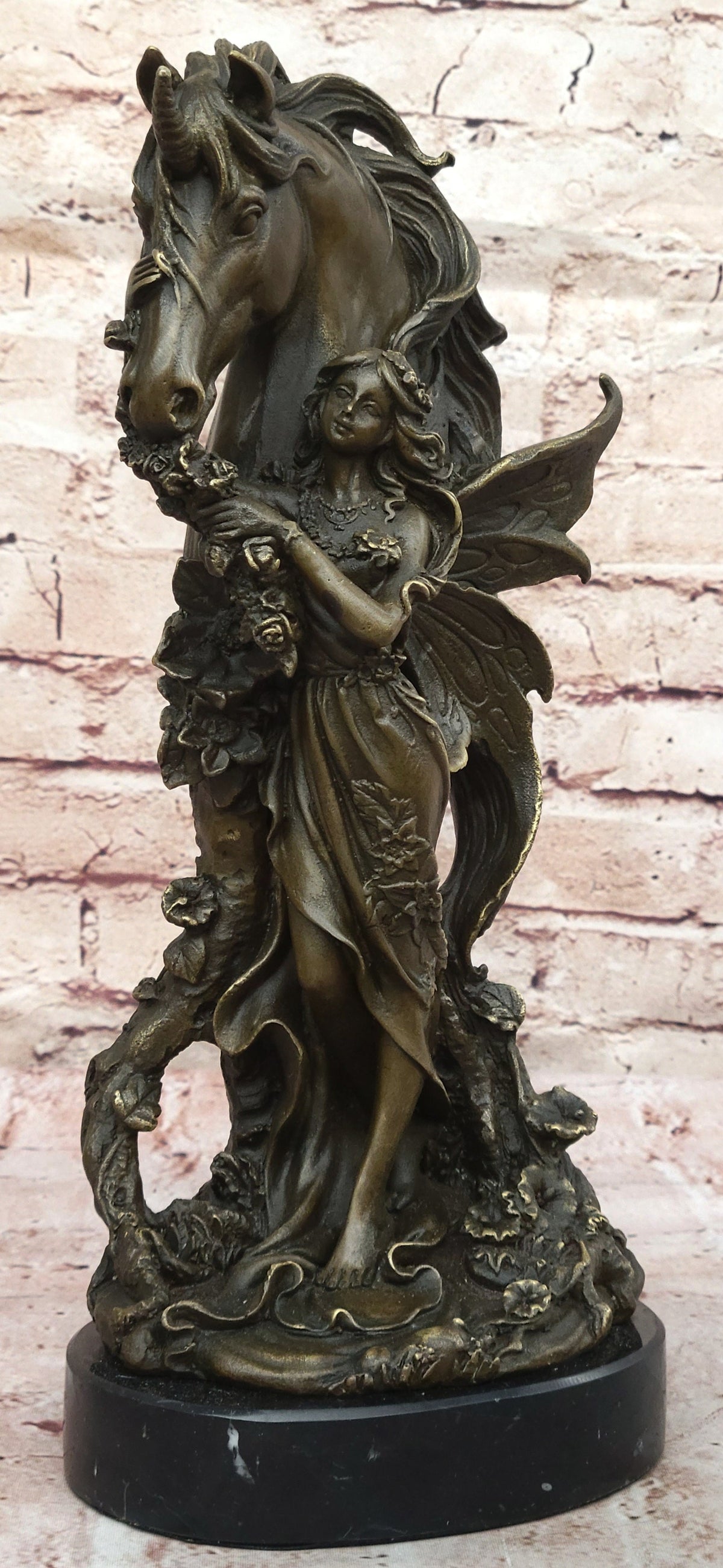 Winged Fairy with Unicorn Horse Sculpture Signed Patoue
