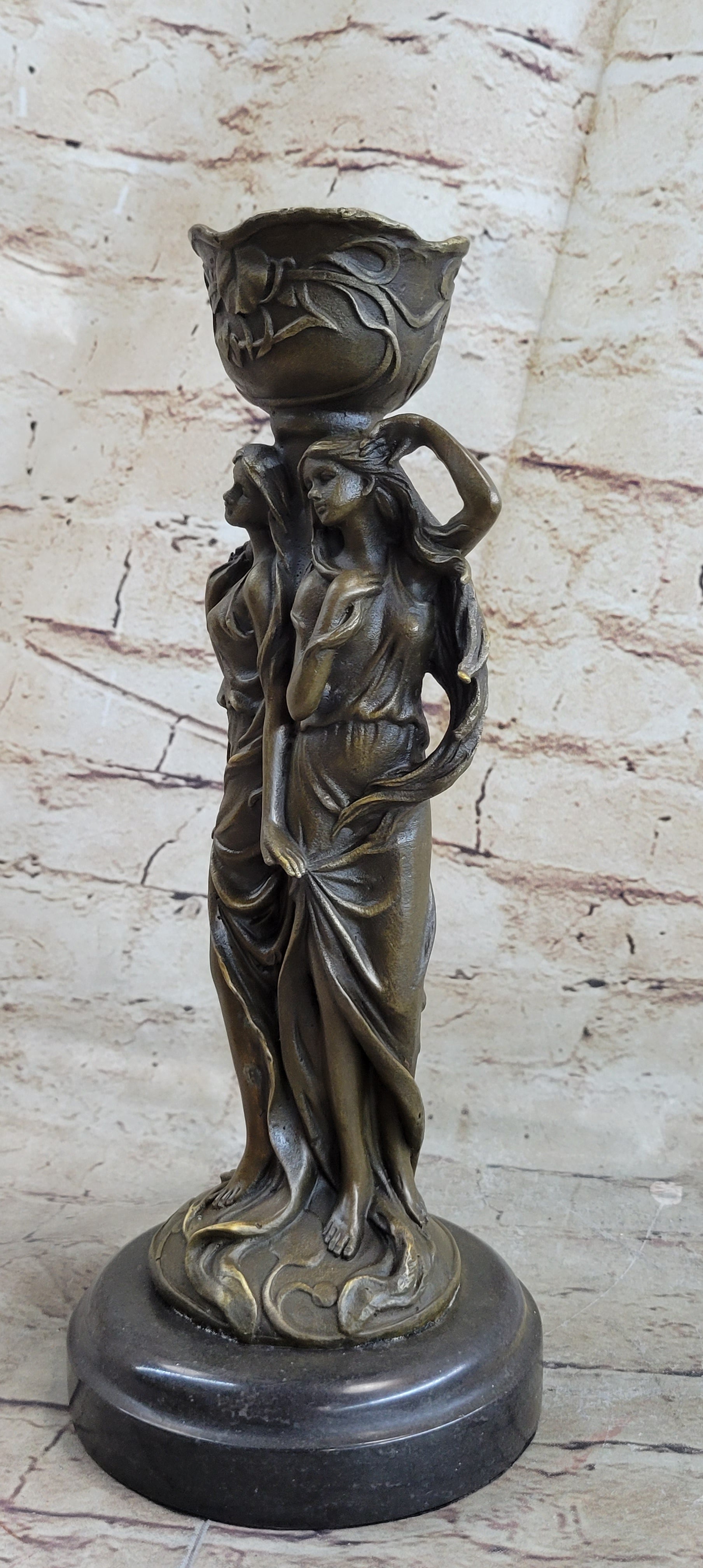 Art Deco Twin Sister Candle Holder Bronze Sculpture by Kassin
