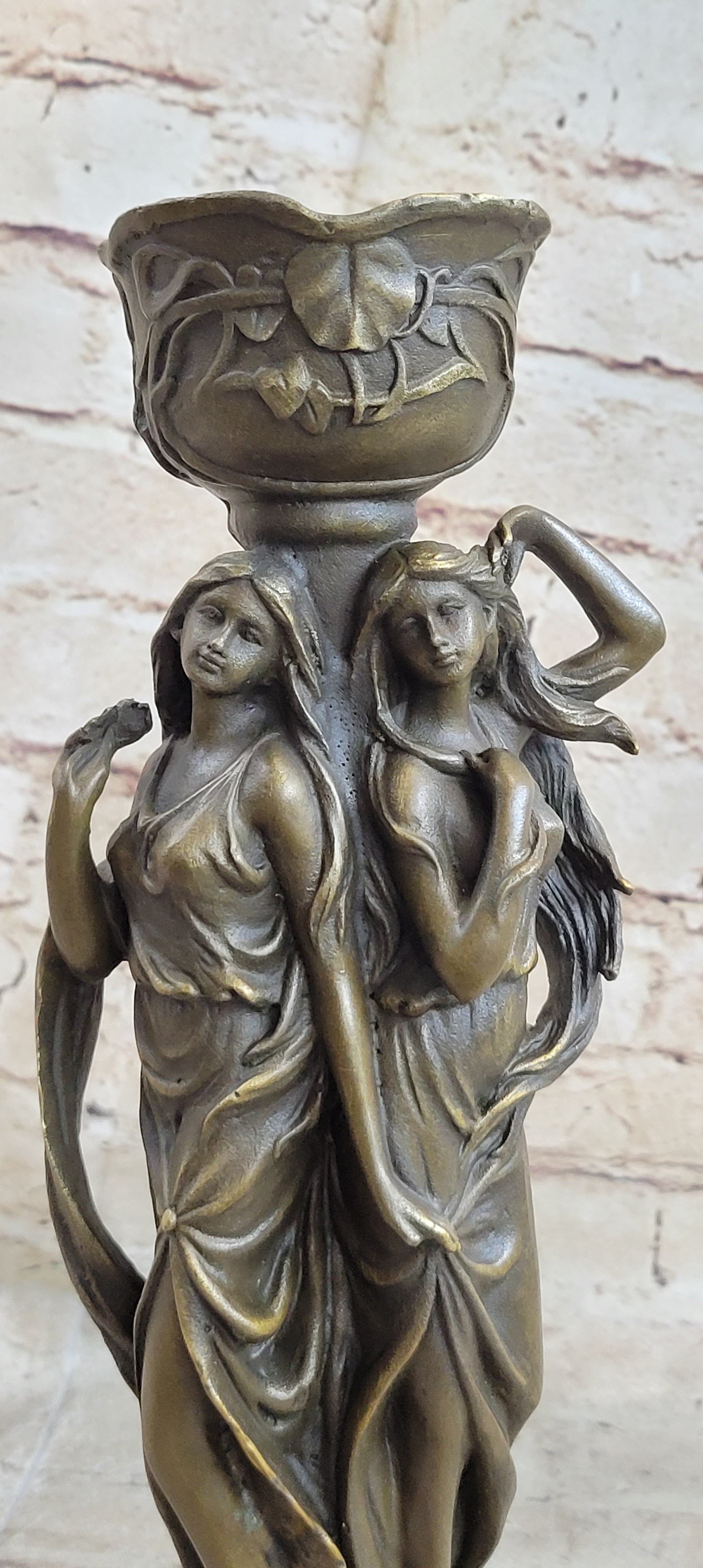Art Deco Twin Sister Candle Holder Bronze Sculpture by Kassin