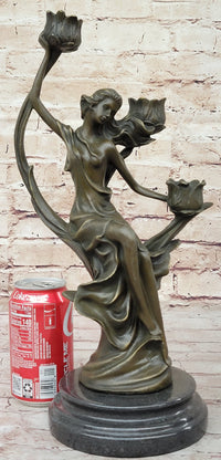 Art Nouveau Candle Holder Female Figure Bronze by Kassin
