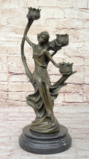 Art Nouveau Candle Holder Female Figure Bronze by Kassin