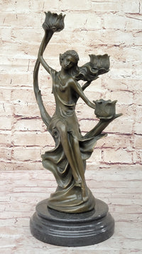 Art Nouveau Candle Holder Female Figure Bronze by Kassin