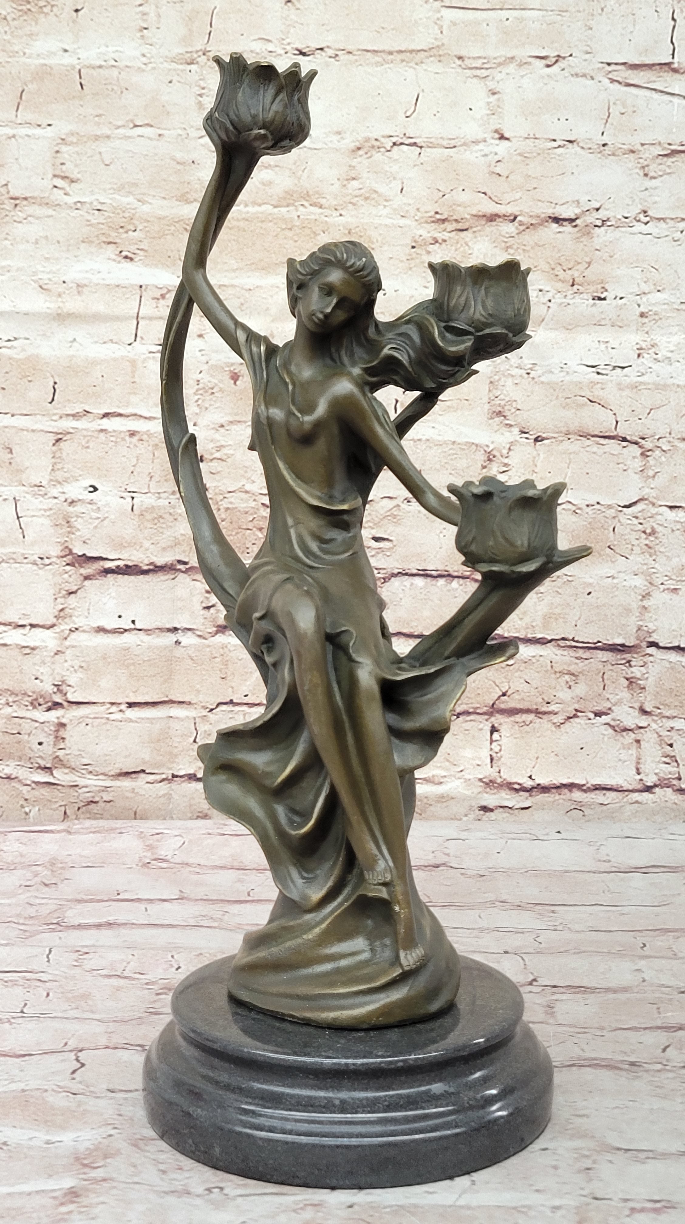 Art Nouveau Candle Holder Female Figure Bronze by Kassin