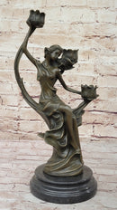 Art Nouveau Candle Holder Female Figure Bronze by Kassin