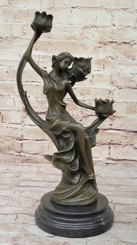 Art Nouveau Candle Holder Female Figure Bronze by Kassin