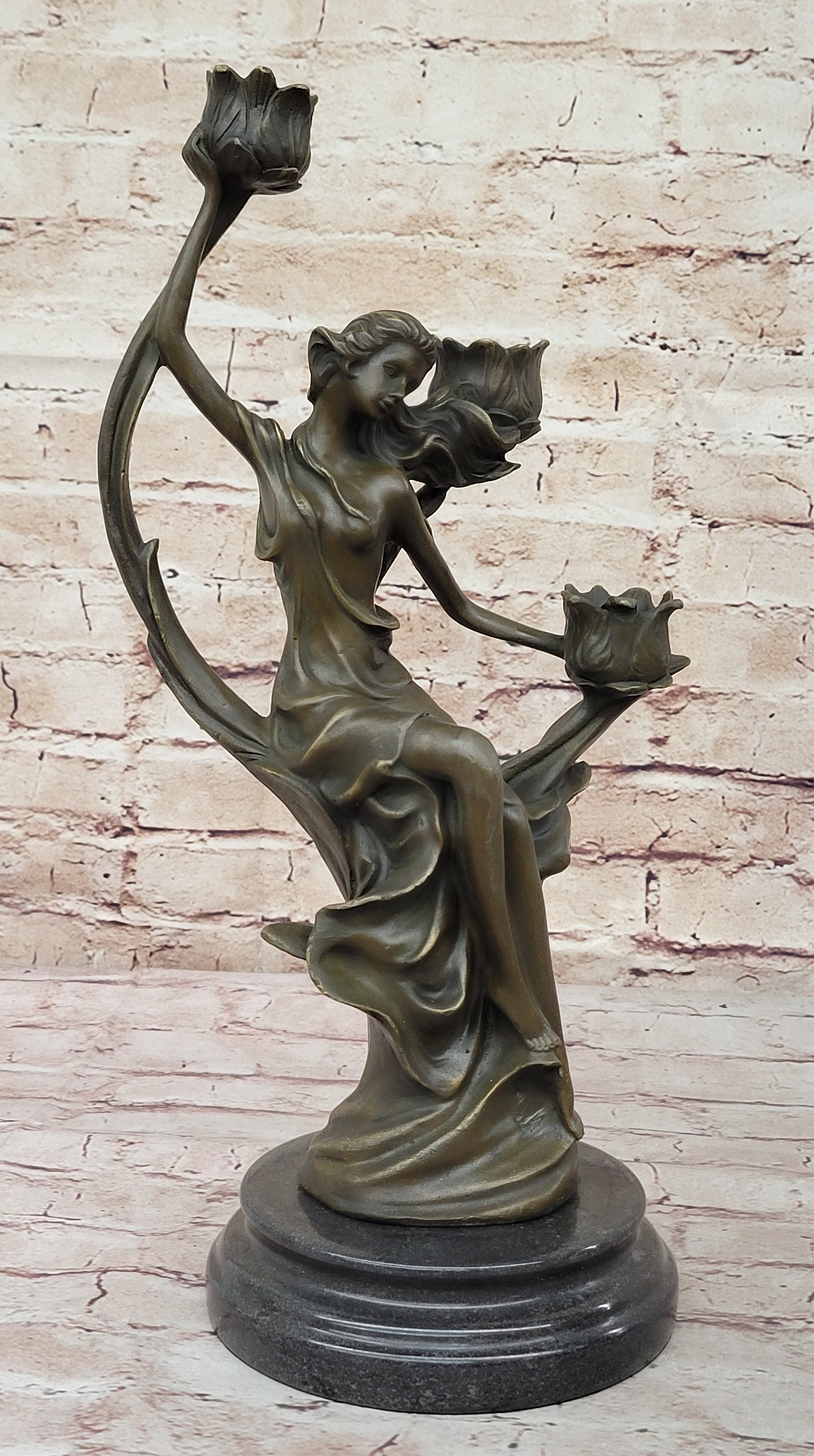 Art Nouveau Candle Holder Female Figure Bronze by Kassin