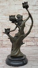 Art Nouveau Candle Holder Female Figure Bronze by Kassin