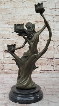 Art Nouveau Candle Holder Female Figure Bronze by Kassin