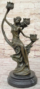 Art Nouveau Candle Holder Female Figure Bronze by Kassin