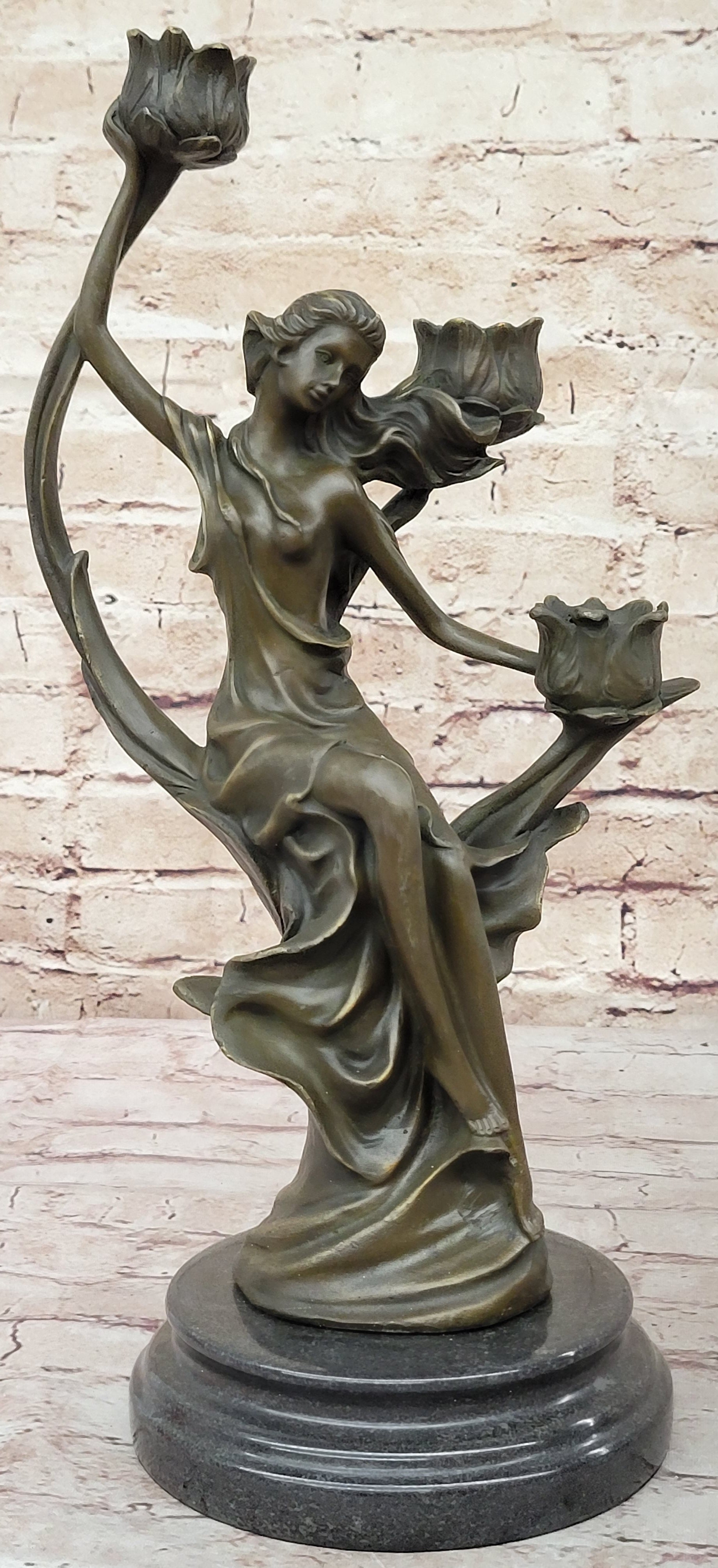 Art Nouveau Candle Holder Female Figure Bronze by Kassin