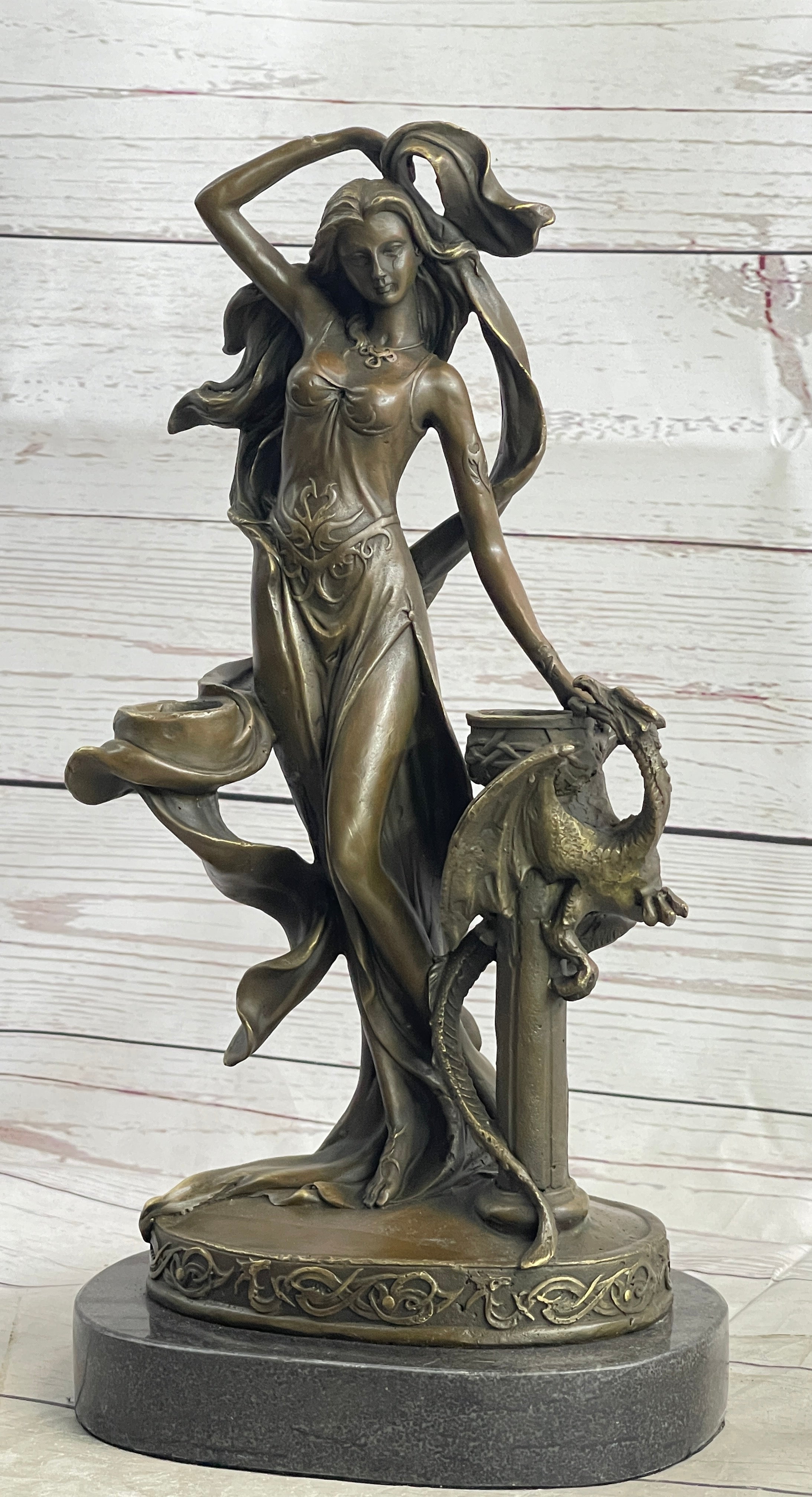 Art Nouveau Dragon Candle Holder Bronze Sculpture