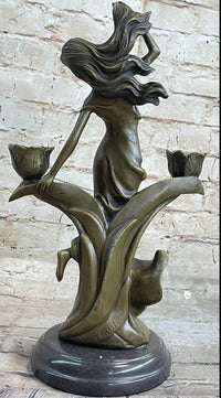 Art Nouveau Female Figure Bronze Candle Holder by Kassin