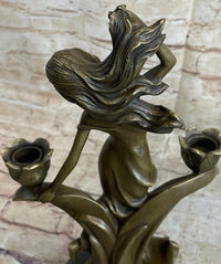 Art Nouveau Female Figure Bronze Candle Holder by Kassin