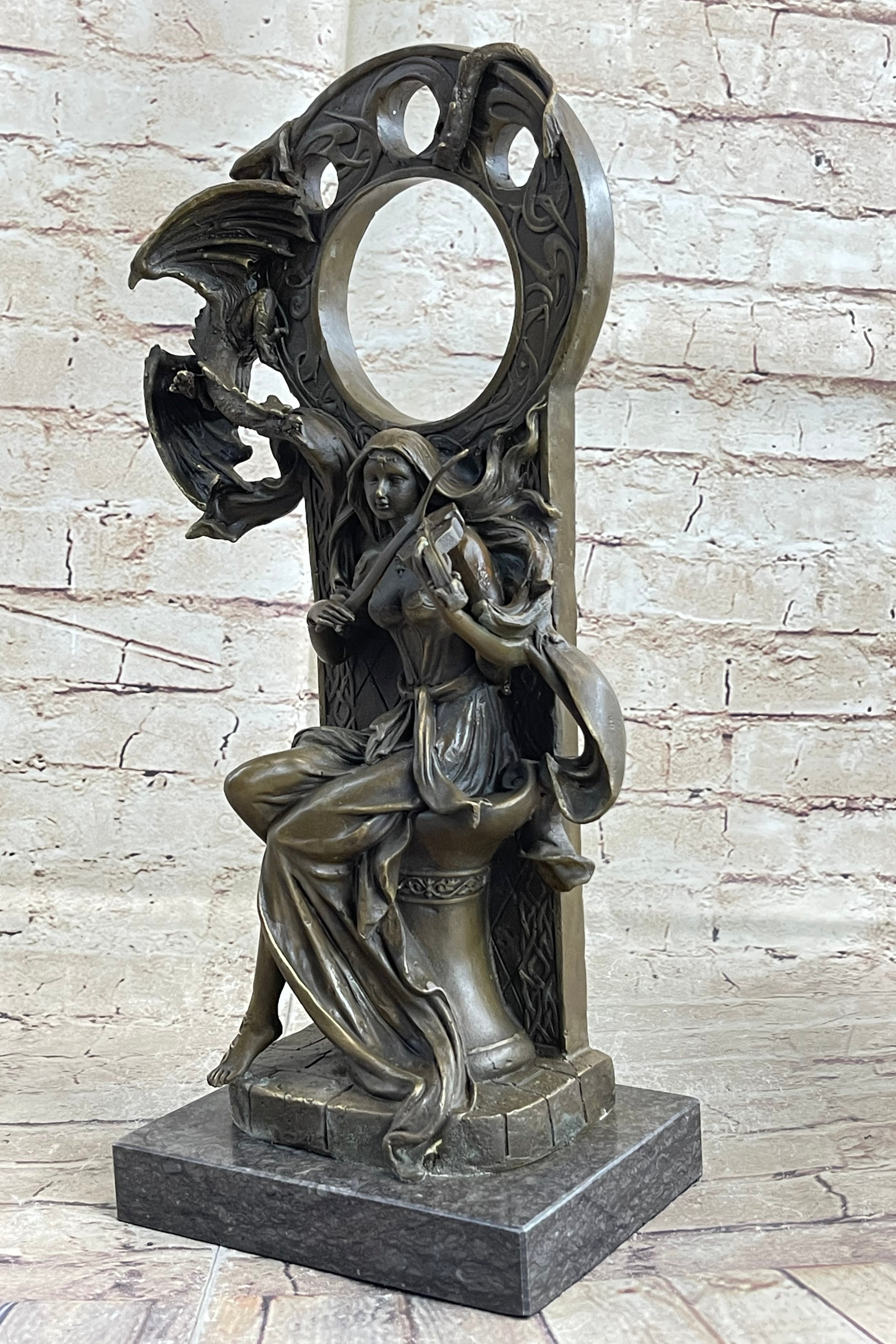 Dragon Girl Playing Violin - Bronze Sculpture Fantasy Art