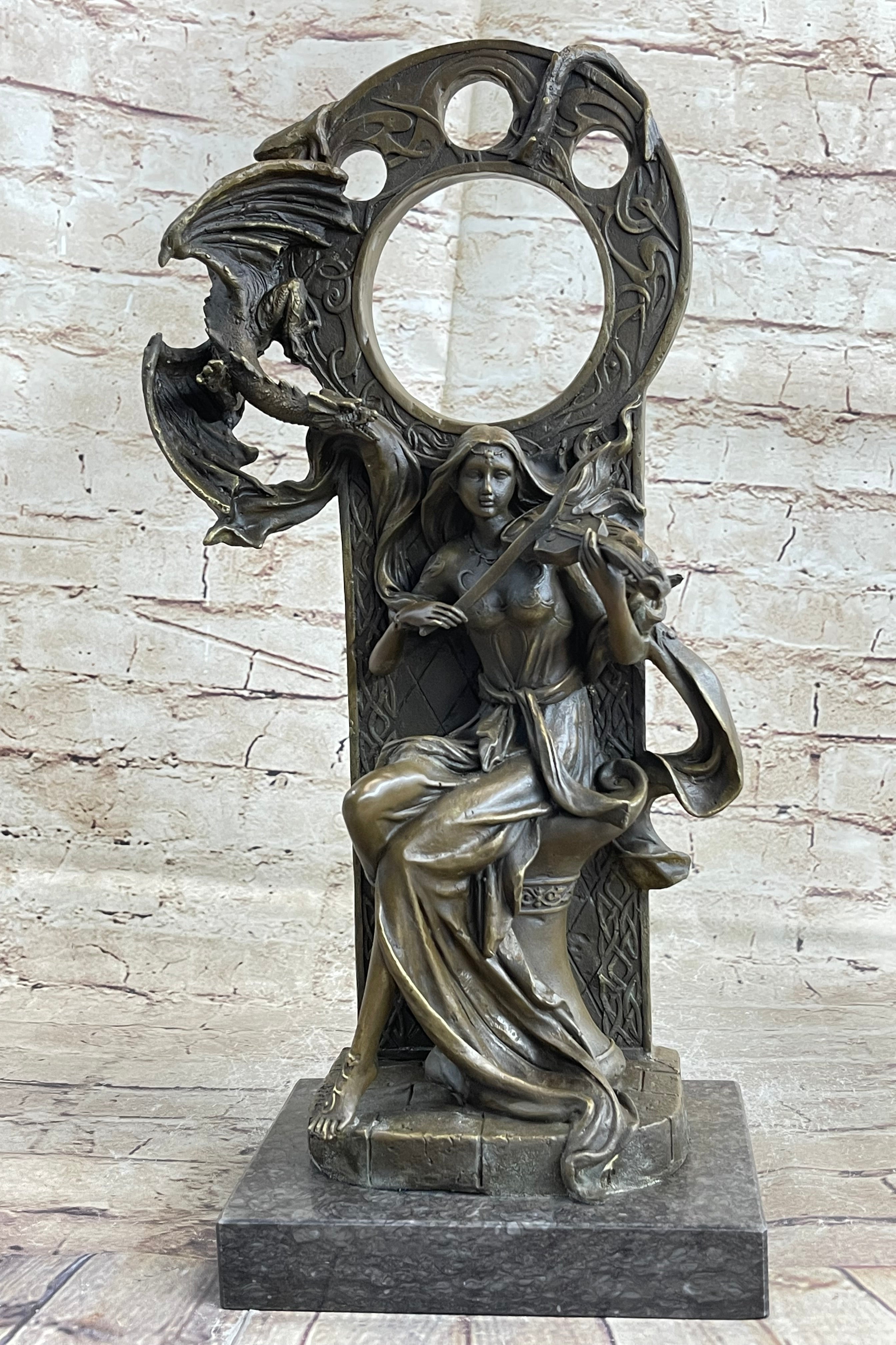 Dragon Girl Playing Violin - Bronze Sculpture Fantasy Art