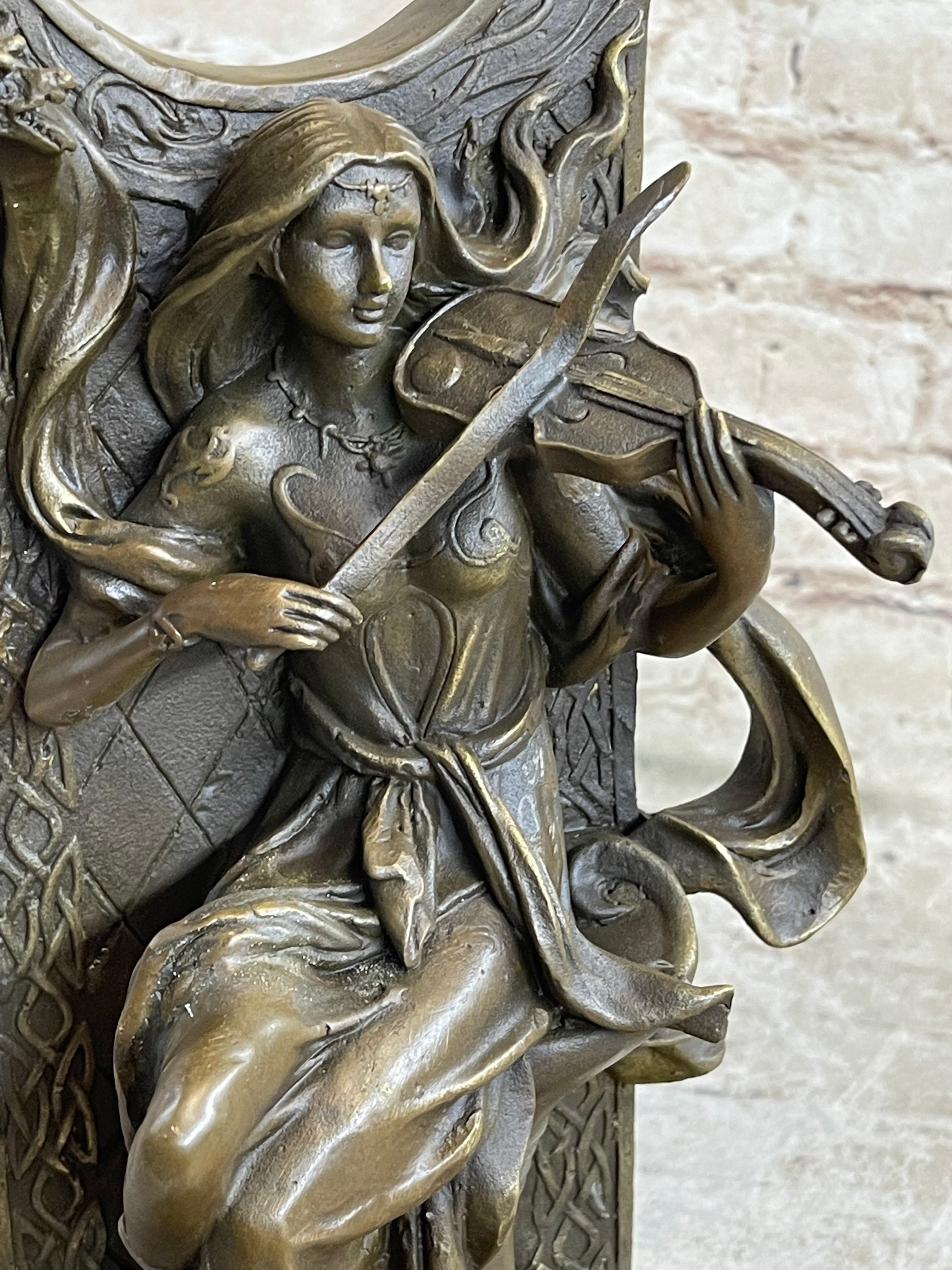 Dragon Girl Playing Violin - Bronze Sculpture Fantasy Art