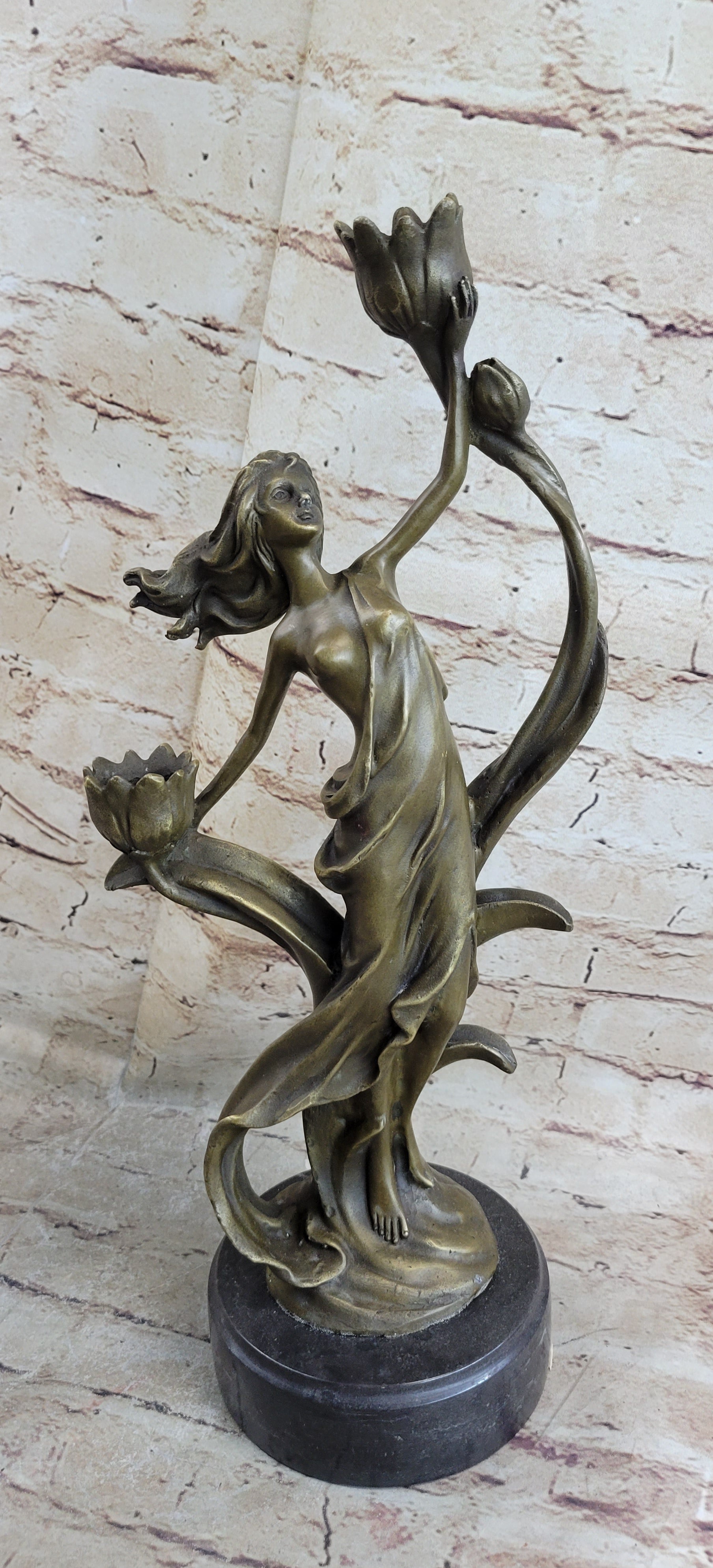 Handcrafted Wood Nymph Bronze Candleholder Sculpture Hot Cast Marble Base Figure