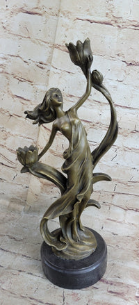 Handcrafted Wood Nymph Bronze Candleholder Sculpture Hot Cast Marble Base Figure