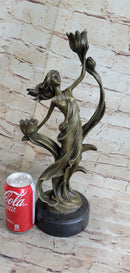 Handcrafted Wood Nymph Bronze Candleholder Sculpture Hot Cast Marble Base Figure
