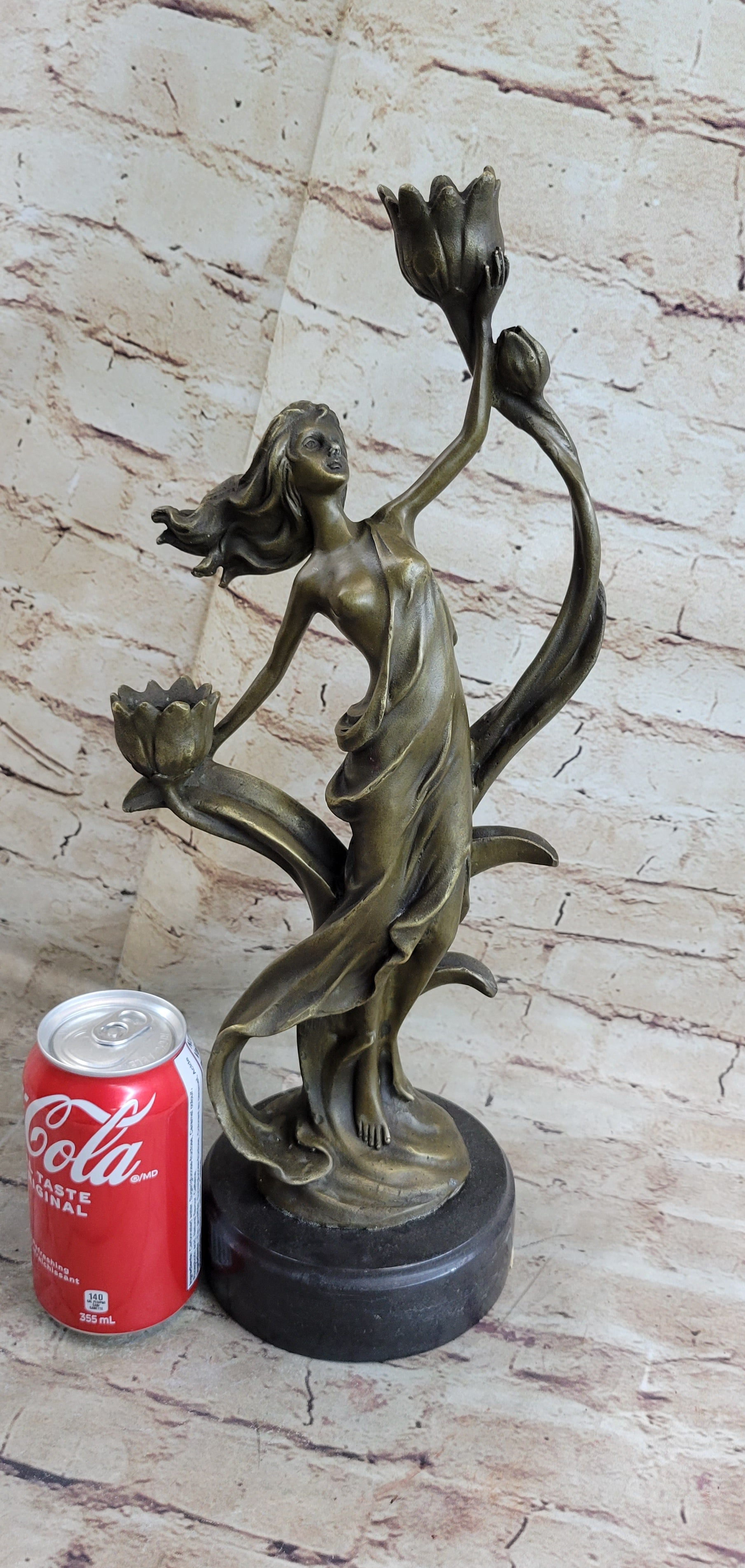 Handcrafted Wood Nymph Bronze Candleholder Sculpture Hot Cast Marble Base Figure