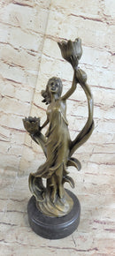 Handcrafted Wood Nymph Bronze Candleholder Sculpture Hot Cast Marble Base Figure