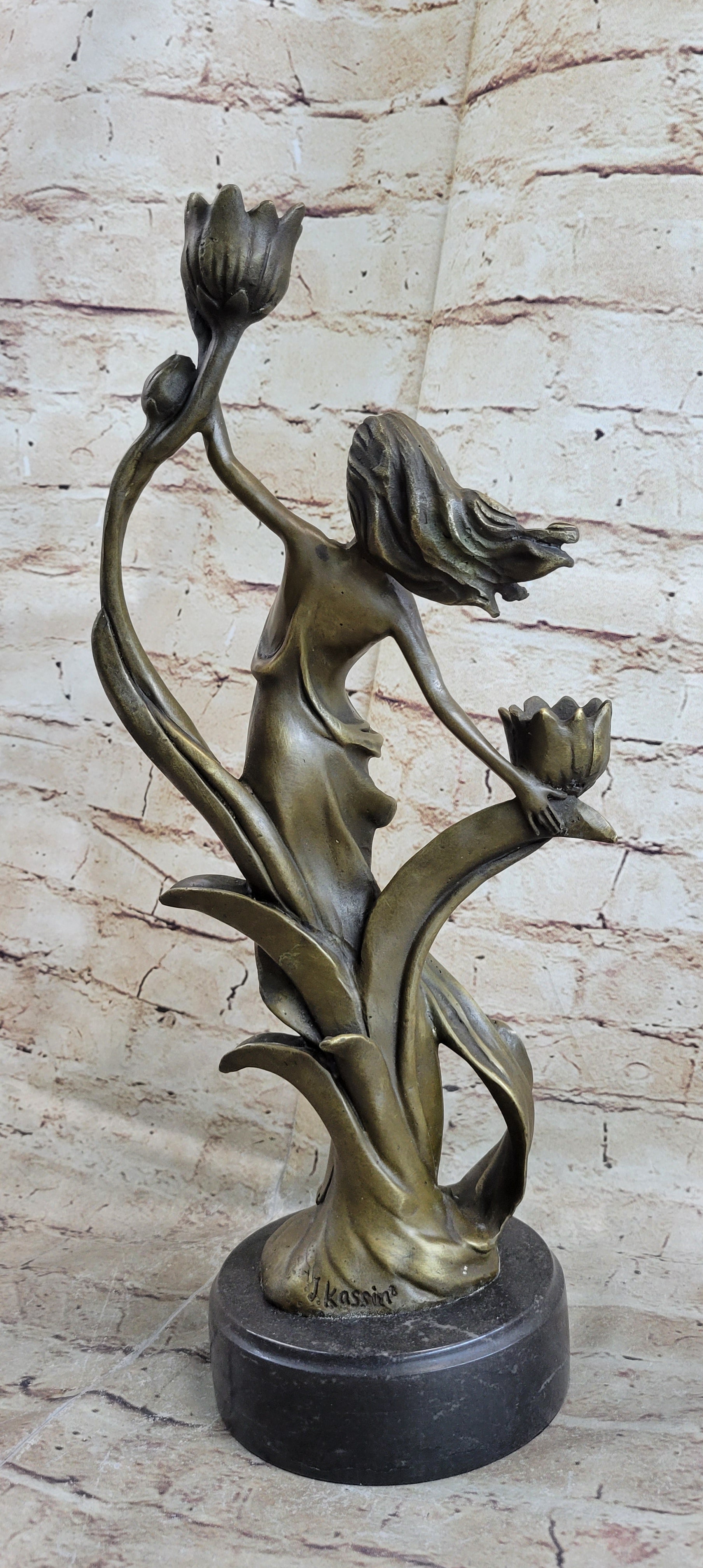 Handcrafted Wood Nymph Bronze Candleholder Sculpture Hot Cast Marble Base Figure