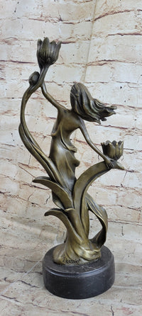 Handcrafted Wood Nymph Bronze Candleholder Sculpture Hot Cast Marble Base Figure