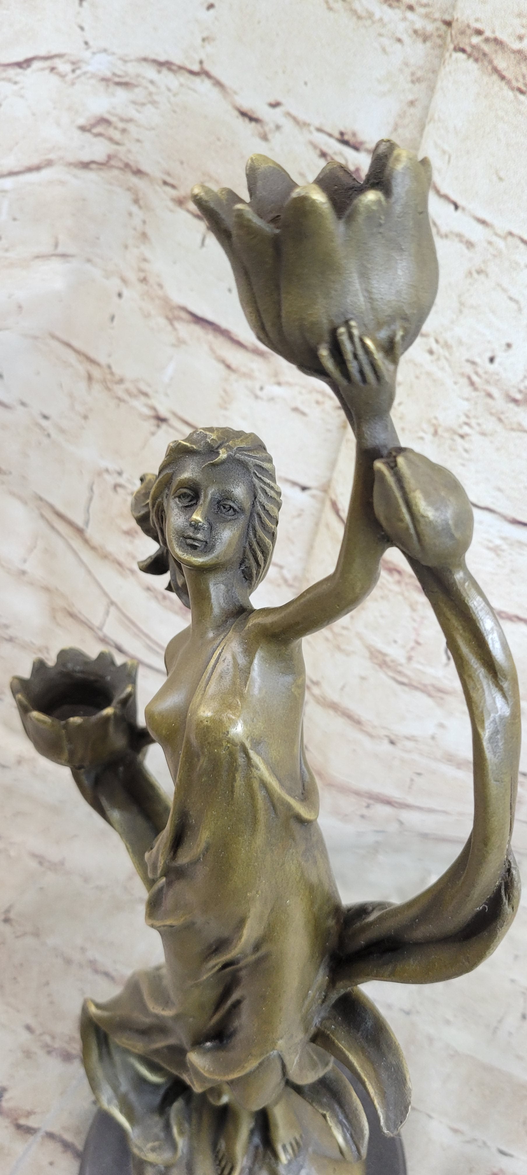Handcrafted Wood Nymph Bronze Candleholder Sculpture Hot Cast Marble Base Figure
