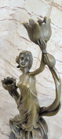 Handcrafted Wood Nymph Bronze Candleholder Sculpture Hot Cast Marble Base Figure