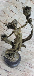 Handcrafted Wood Nymph Bronze Candleholder Sculpture Hot Cast Marble Base Figure