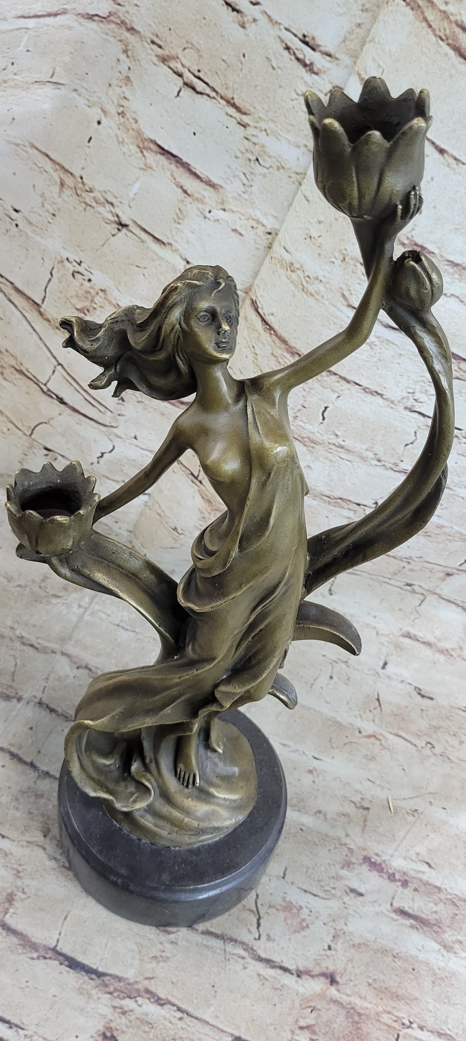 Handcrafted Wood Nymph Bronze Candleholder Sculpture Hot Cast Marble Base Figure