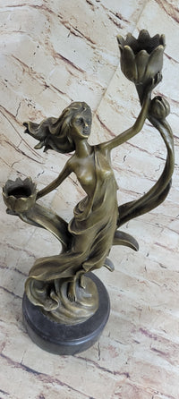 Handcrafted Wood Nymph Bronze Candleholder Sculpture Hot Cast Marble Base Figure