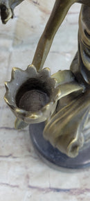 Handcrafted Wood Nymph Bronze Candleholder Sculpture Hot Cast Marble Base Figure