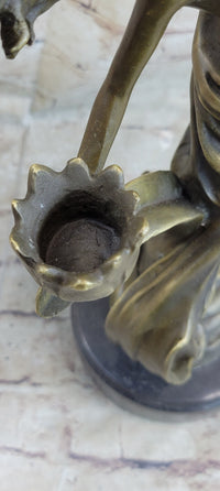 Handcrafted Wood Nymph Bronze Candleholder Sculpture Hot Cast Marble Base Figure