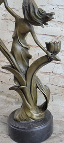 Handcrafted Wood Nymph Bronze Candleholder Sculpture Hot Cast Marble Base Figure