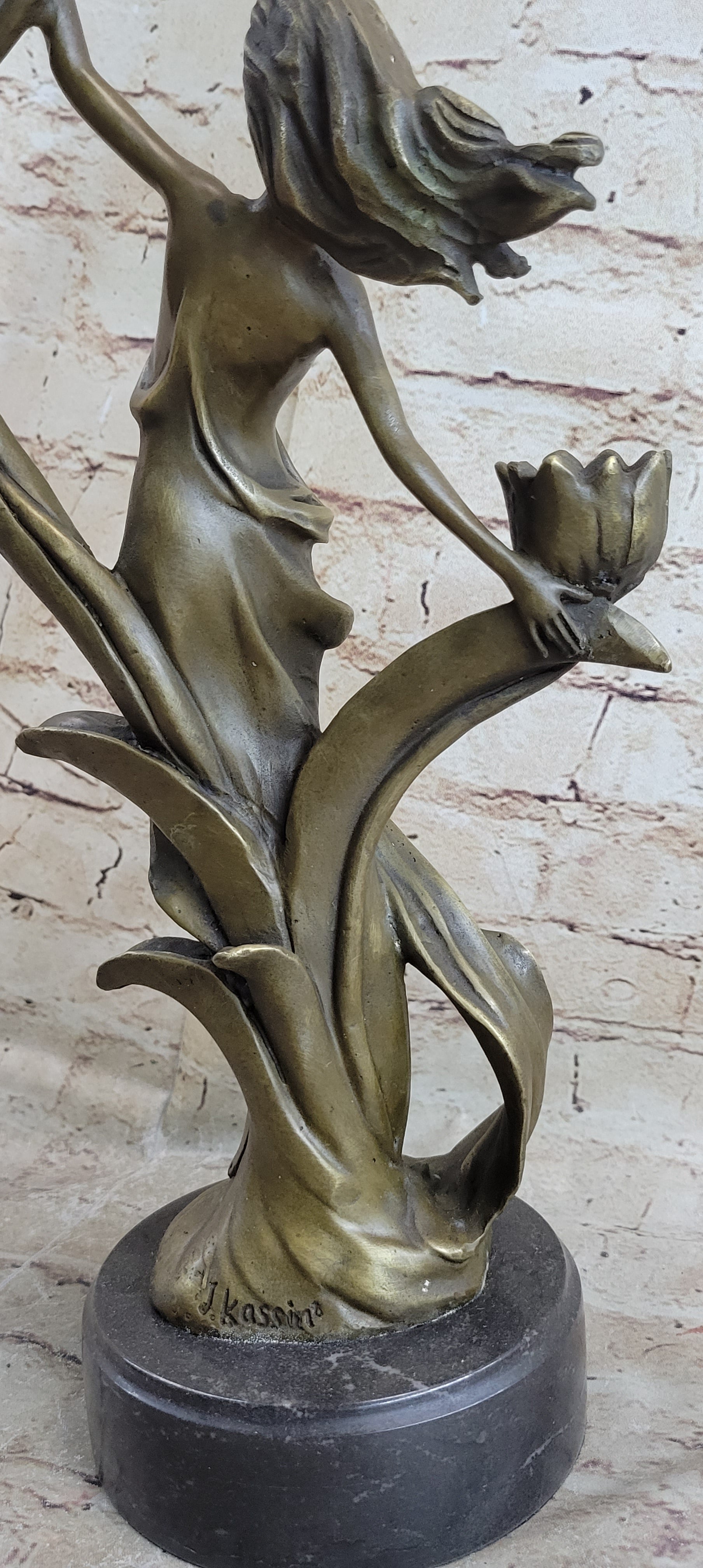 Handcrafted Wood Nymph Bronze Candleholder Sculpture Hot Cast Marble Base Figure