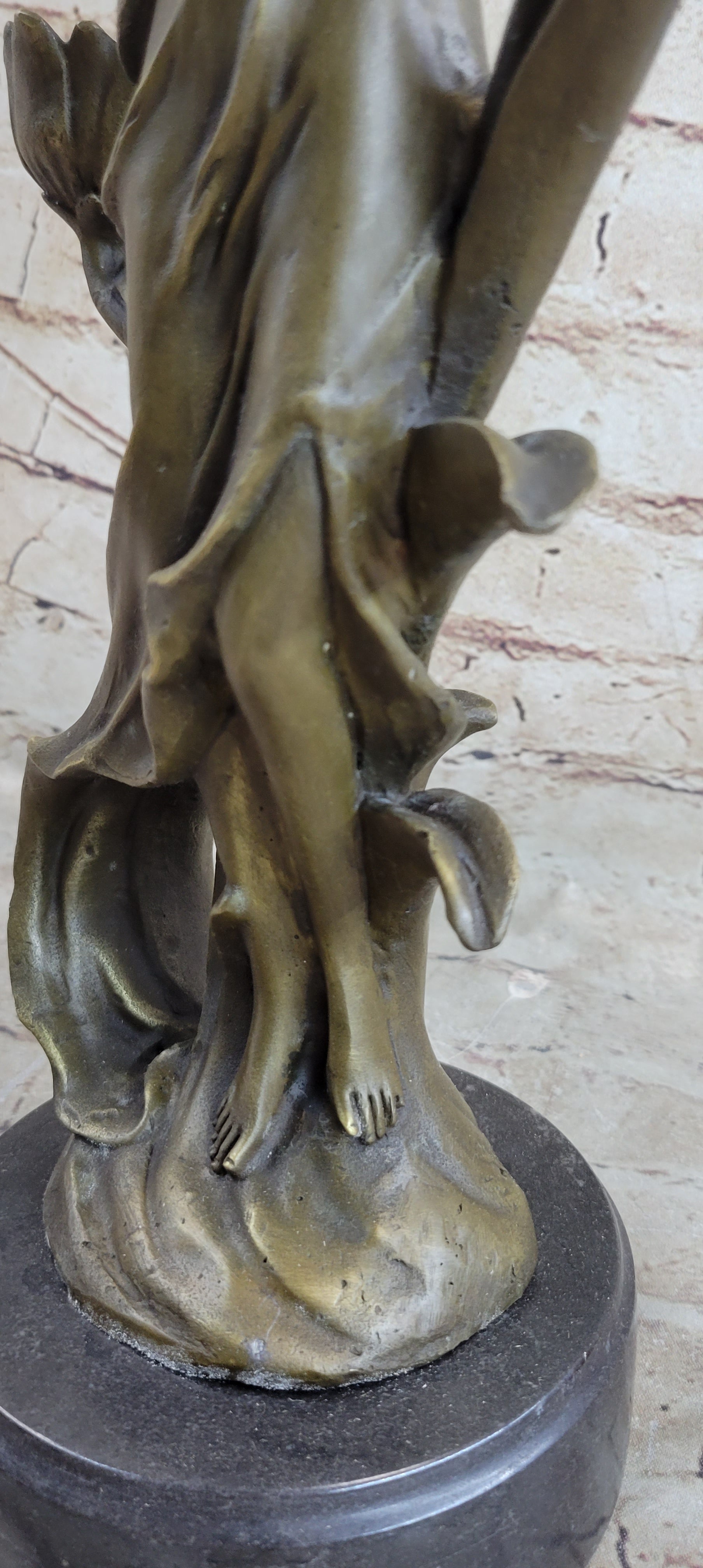 Handcrafted Wood Nymph Bronze Candleholder Sculpture Hot Cast Marble Base Figure