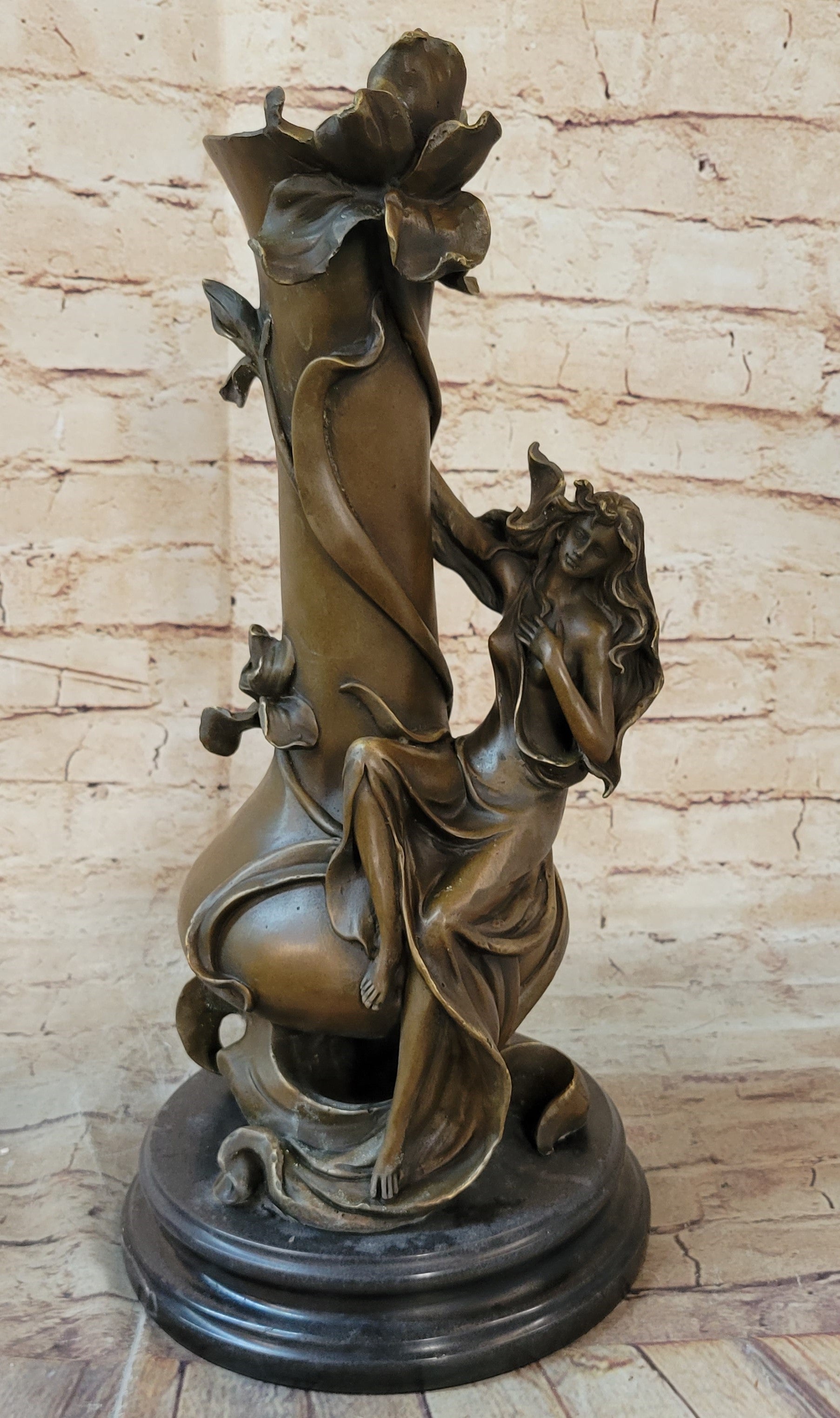 Floral Nymph Bronze Vase Sculpture - Mythological Nature Art