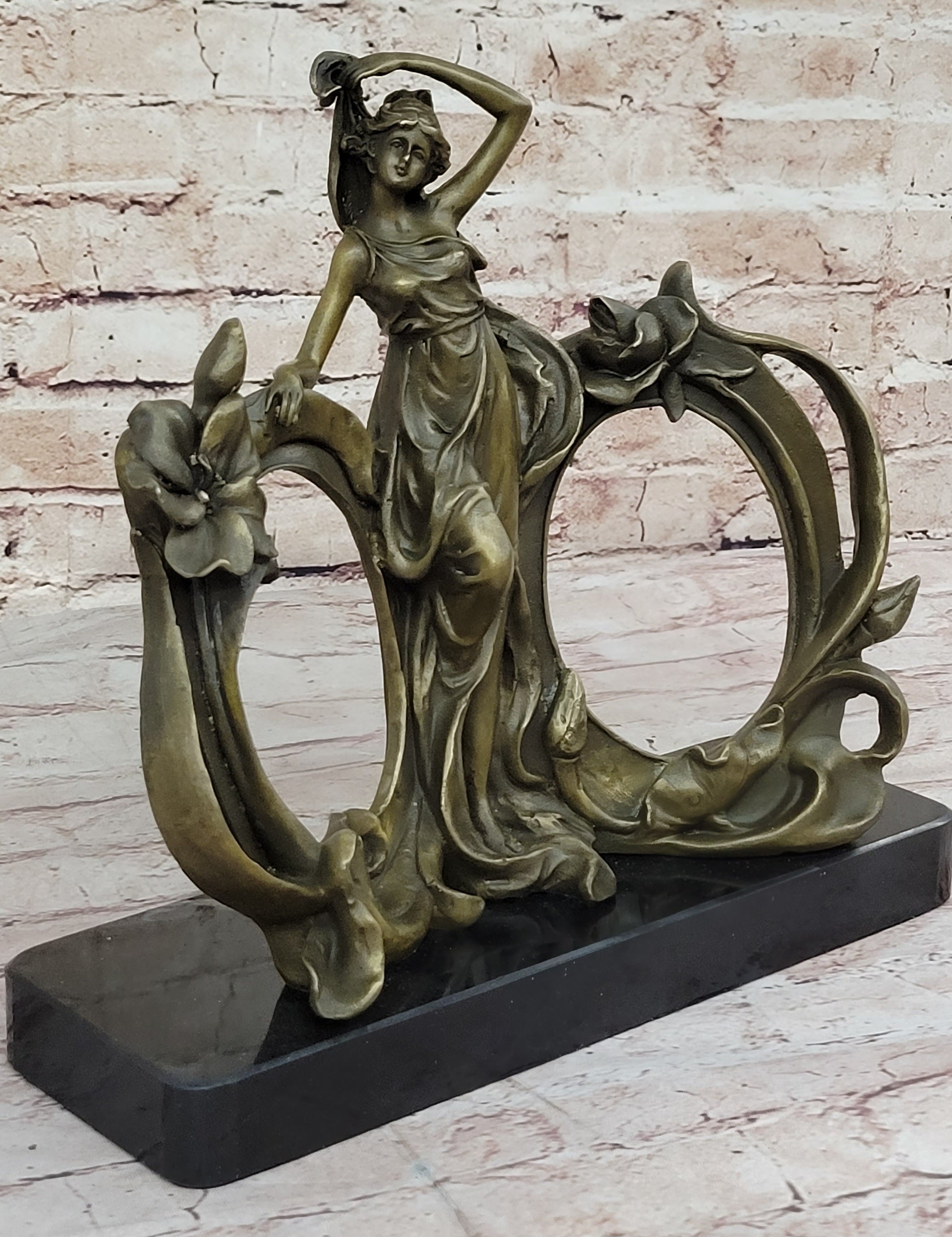 Art Nouveau Bronze Lady Picture Frame Hot Cast Maiden Sculpture