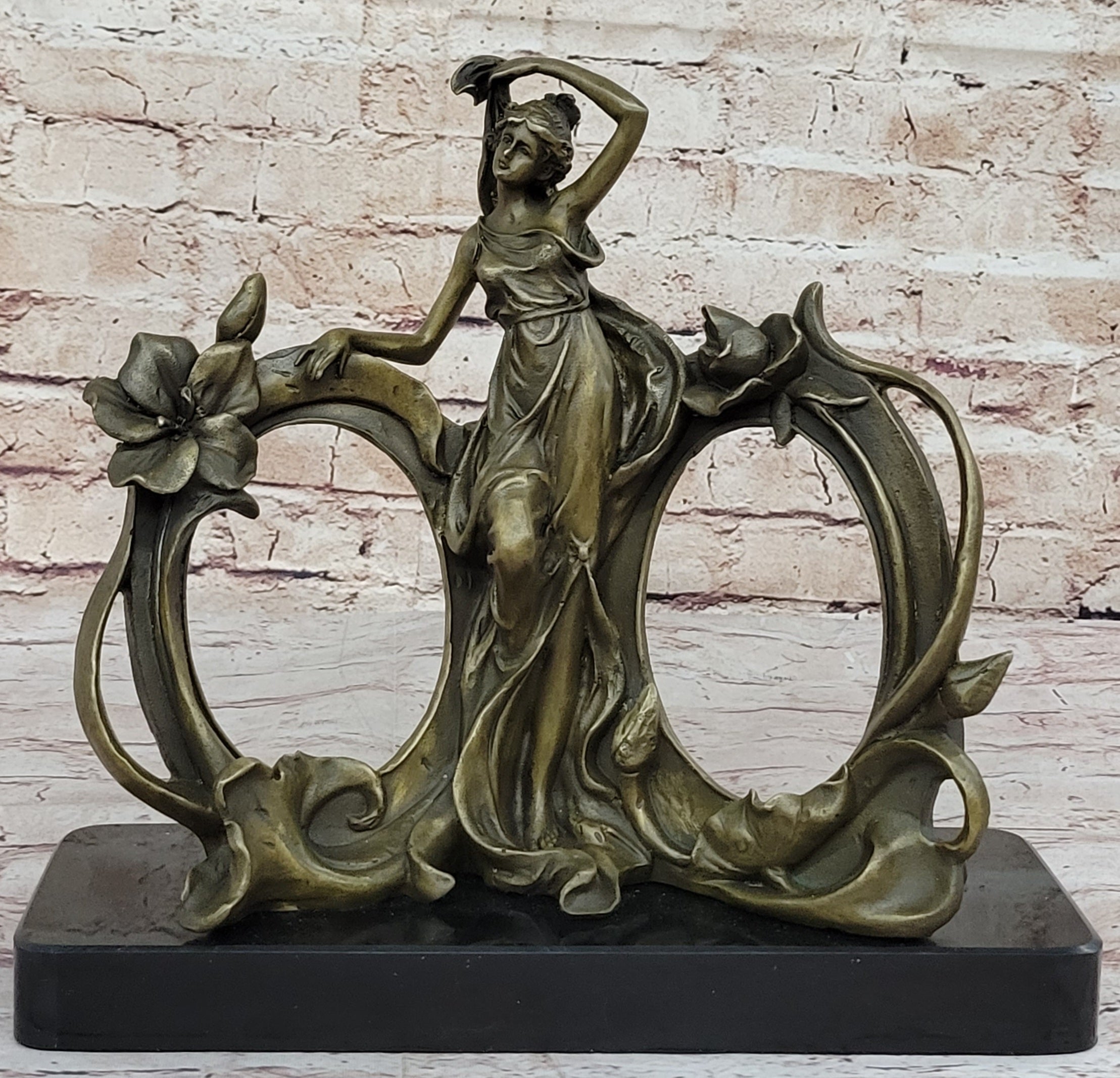 Art Nouveau Bronze Lady Picture Frame Hot Cast Maiden Sculpture